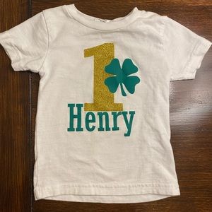Henry first birthday shirt and decorations
